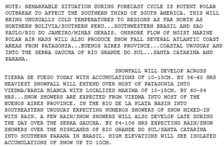 NOAA fala em frio extraordinário e grande nevada no Sul do Brasil