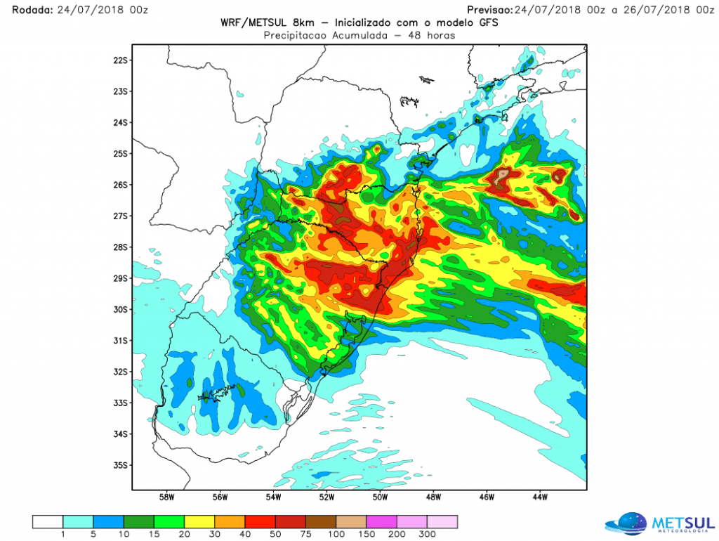 Volumes altos de chuva em pontos entre o RS e SC