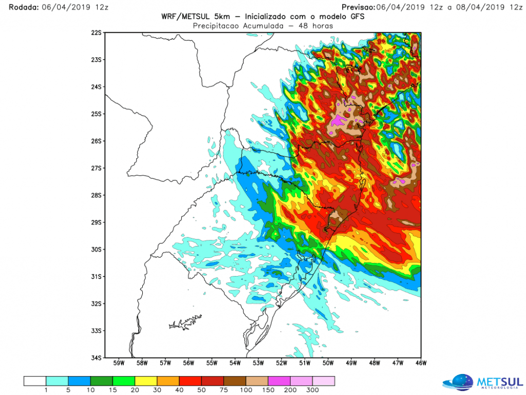 Alerta por volumes muito elevados de chuva no Leste do Sul do Brasil
