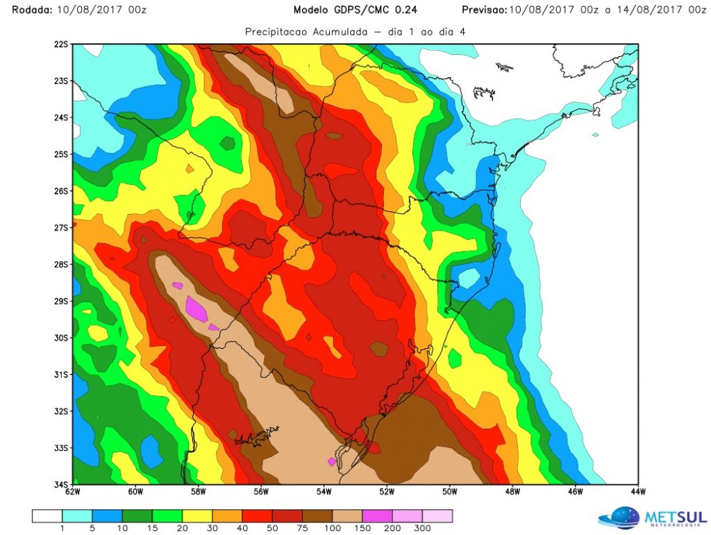 MetSul alerta para altos volumes de chuva no Rio Grande do Sul e Uruguai