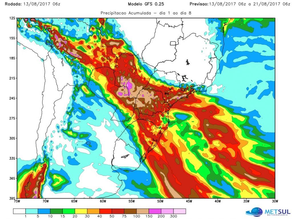 Chance de altos volumes de chuva em São Paulo e no Mato Grosso do Sul
