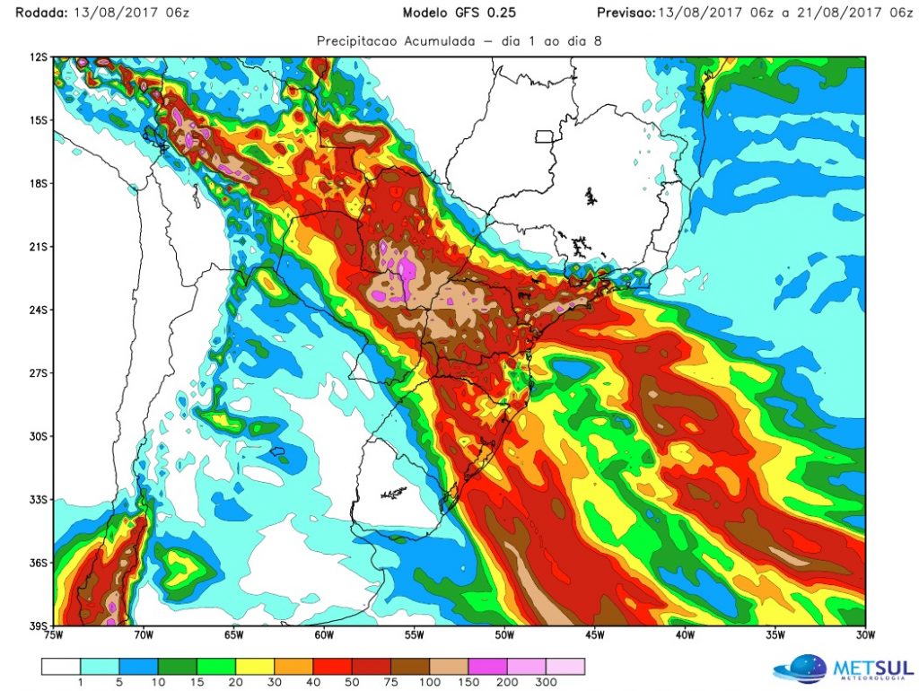 Chance de altos volumes de chuva em São Paulo e no Mato Grosso do Sul
