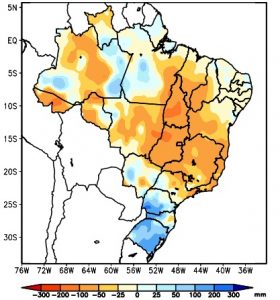 Excesso de chuva no Sul e escassez na maior parte do Brasil