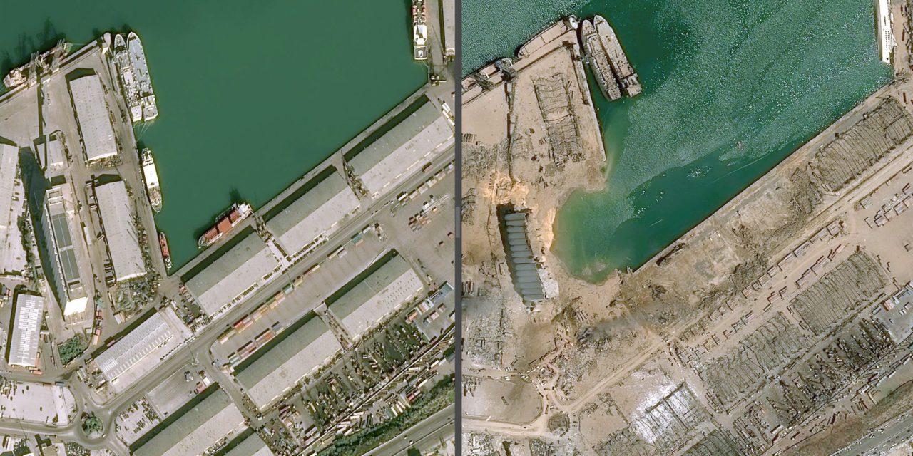 Imagens de satélite mostram o antes e depois da explosão em Beirute