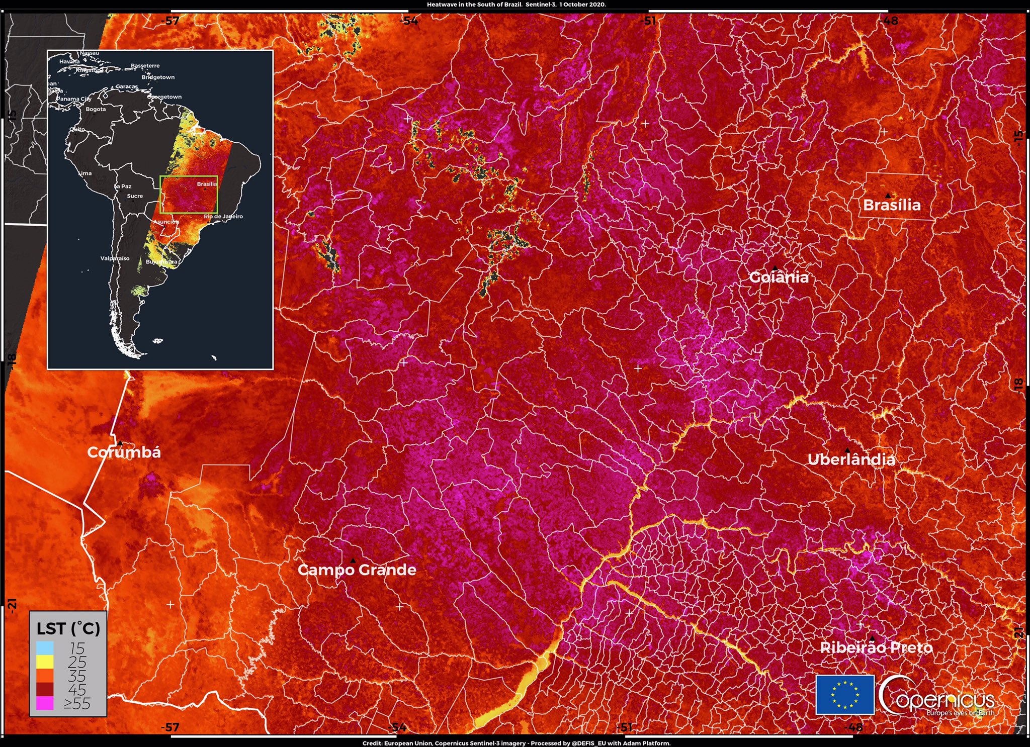 Satélite mede 55°C no solo em São Paulo e no Centro-Oeste