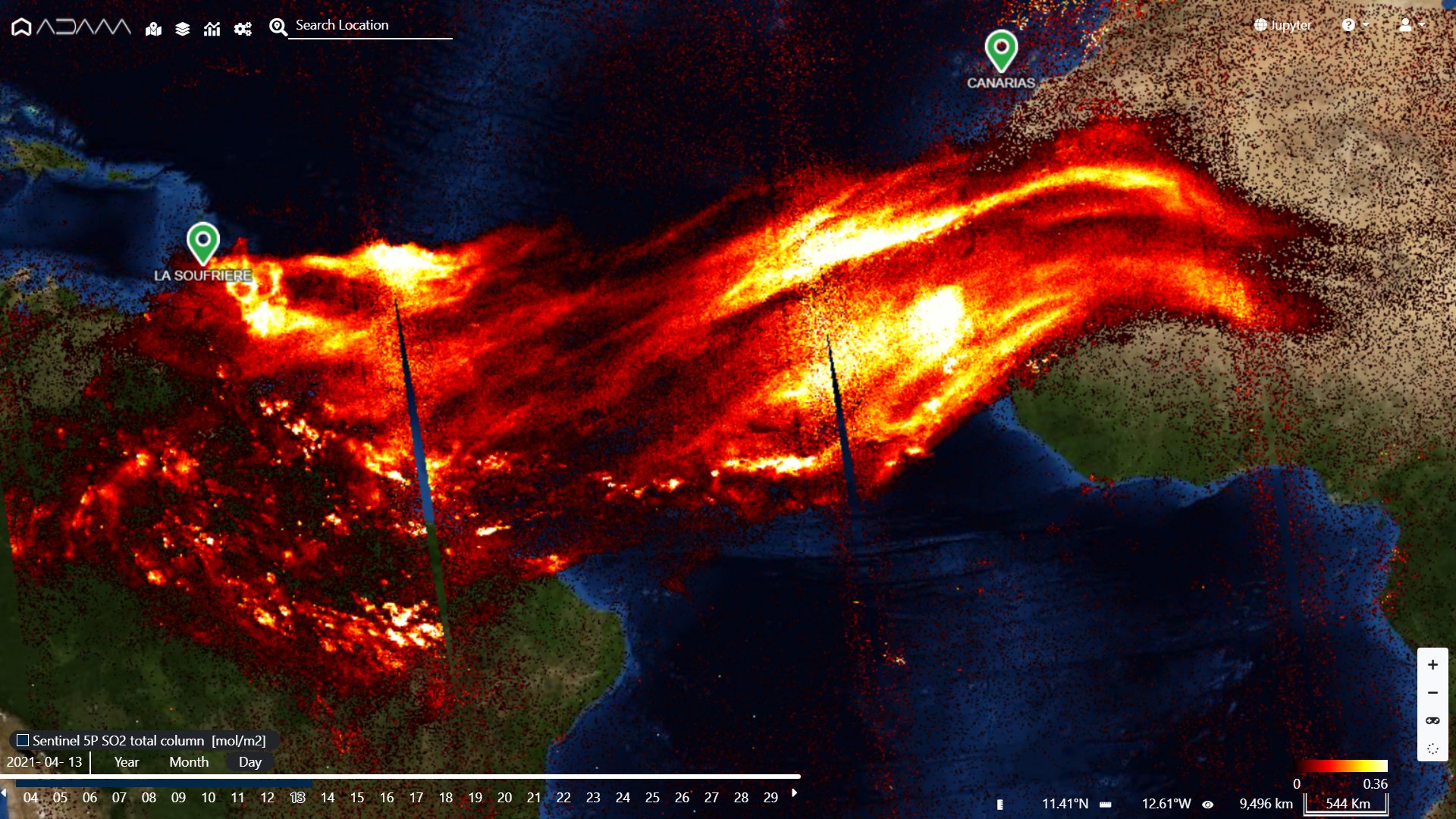 <span class="entry-title-primary">Gases do vulcão atingem América do Sul e África</span> <h2 class="entry-subtitle">Dióxido de enxofre liberado pela grande erupção na ilha de Saint Vincent cobre extensas áreas do Norte do Brasil, revelam imagens de satélite europeu</h2>