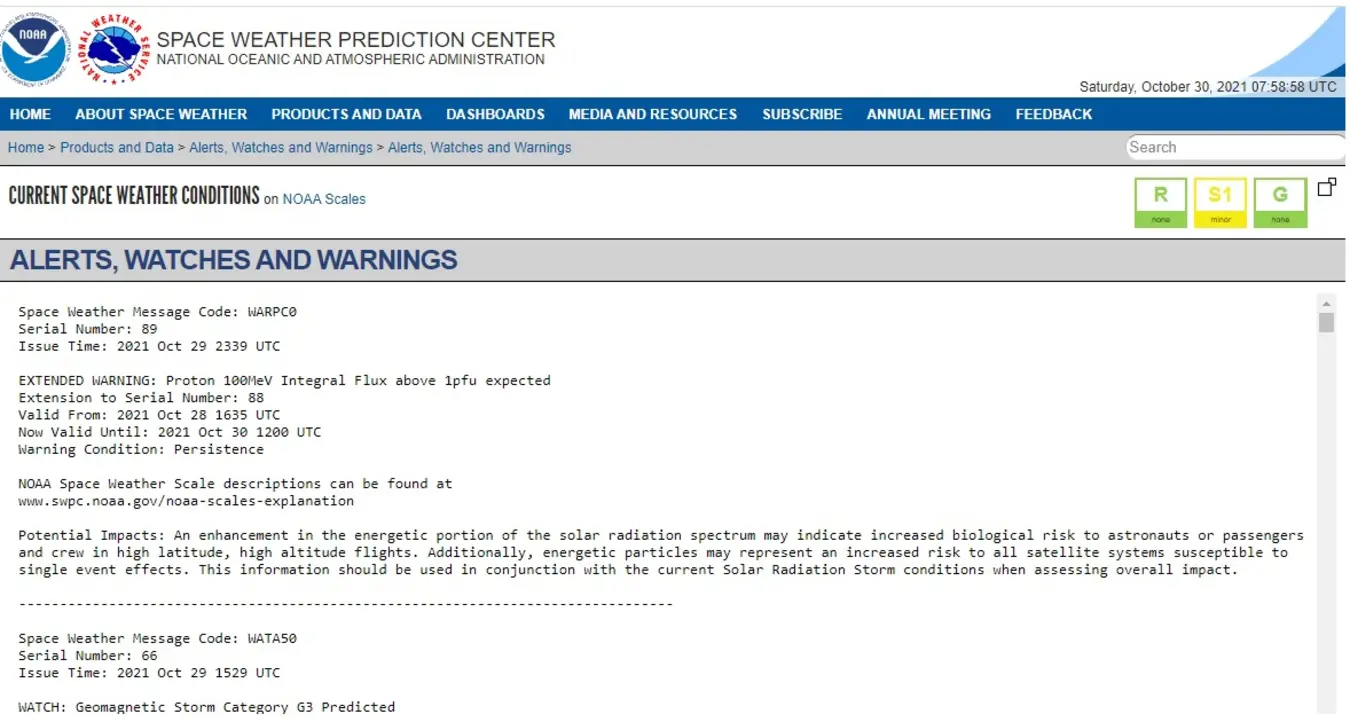 SWPC solar storm warning