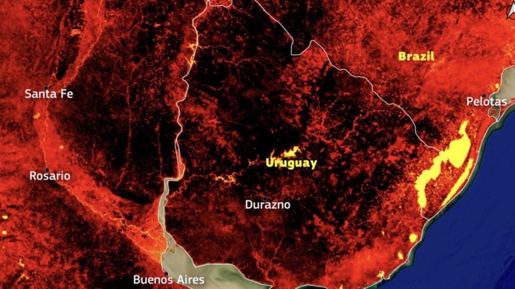 Satélite registra calor extremo na Argentina, Uruguai e Rio Grande do Sul