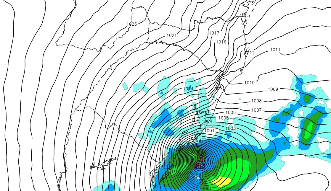<span class="entry-title-primary">Modelos projetam menor pressão na costa desde o furacão Catarina</span> <h2 class="entry-subtitle">Modelos indicam pressão atmosférica de 980 hPa a 985 hPa no centro do ciclone junto à costa gaúcha em valores raramente observados</h2>
