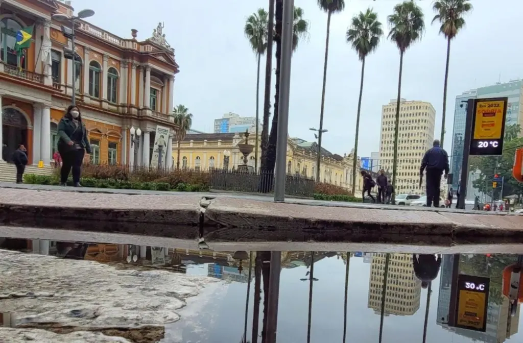 Chuva, garoa, raios, granizo, muitas nuvens e elevada umidade