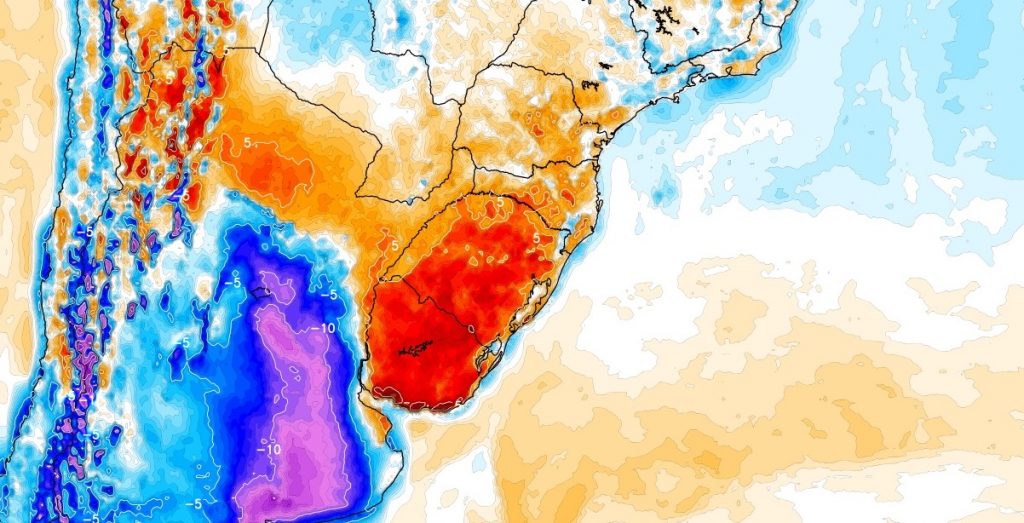 Centro da massa de ar quente no Uruguai e RS no fim de semana
