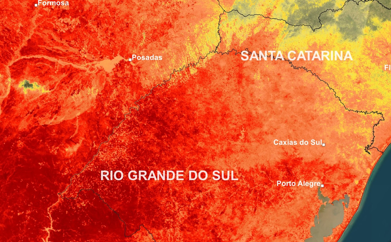 <span class="entry-title-primary">Satélite registra do espaço o calor extremo no Rio Grande do Sul</span> <h2 class="entry-subtitle">Temperatura do ar circulante hoje no Rio Grande do Sul chegou aos 42ºC enquanto no solo fez outra vez mais de 50ºC com impacto na agricultura </h2>