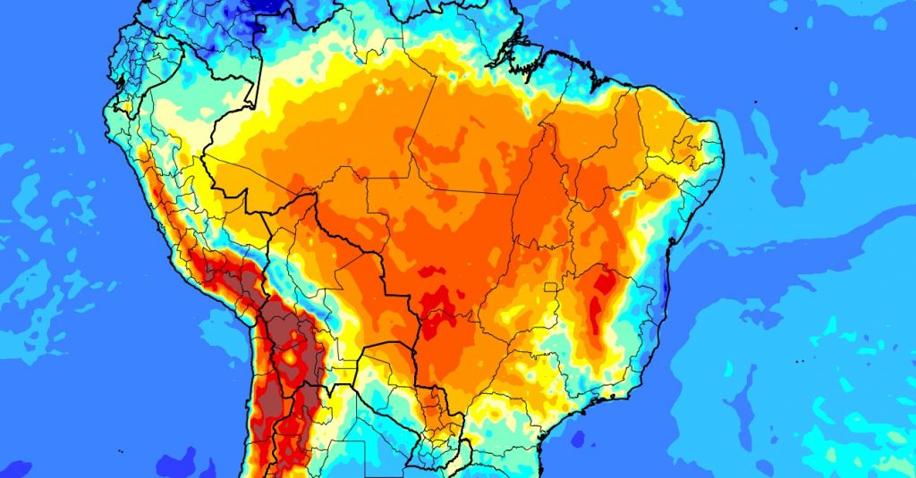 Grande massa de ar seco e quente sobre o Brasil bloqueia frente fria