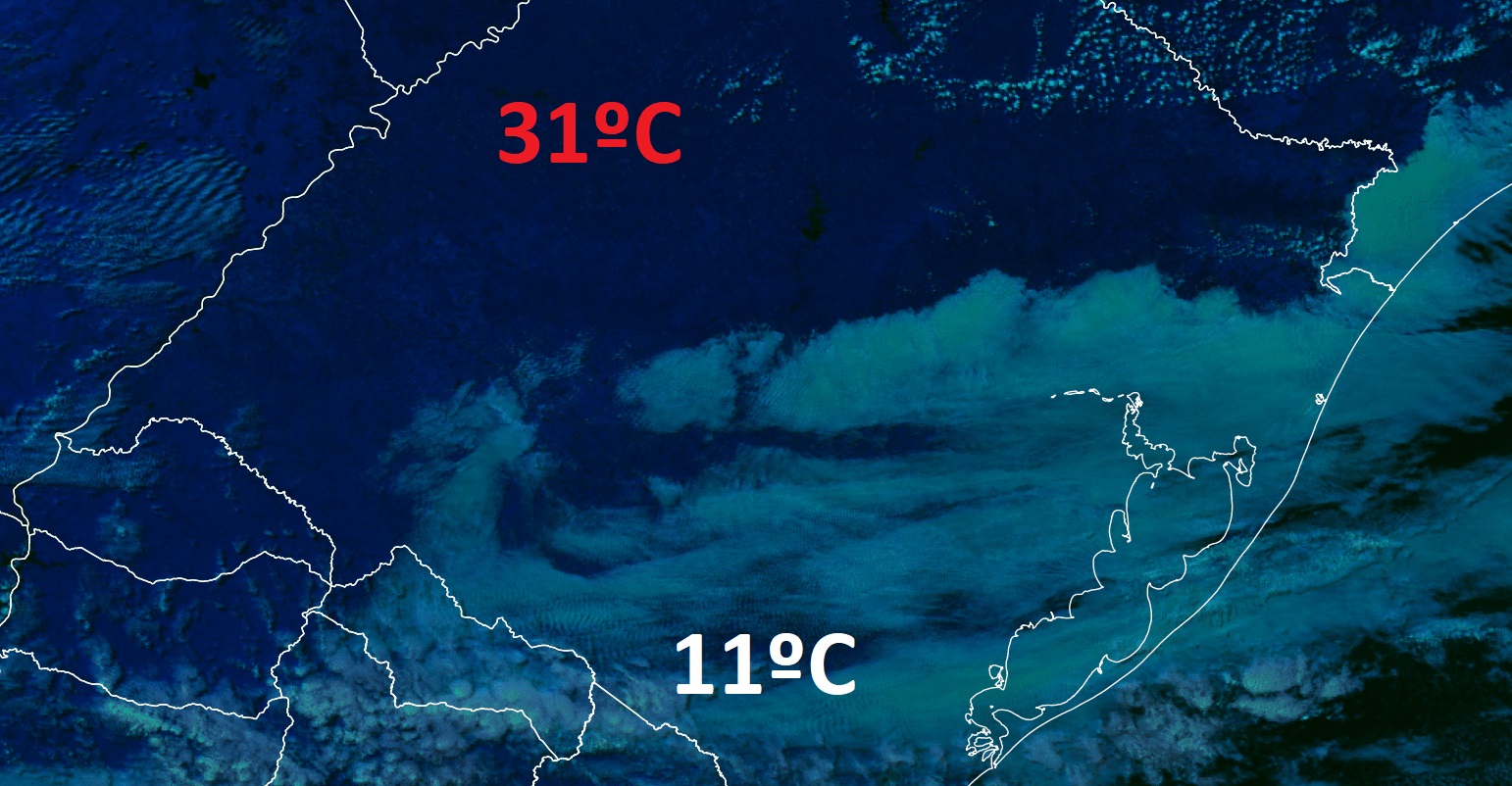 <span class="entry-title-primary">Verão e inverno no mesmo estado: de 11ºC a 31ºC na mesma hora</span> <h2 class="entry-subtitle">Tarde do Rio Grande do Sul nesta quinta-feira é marcada por uma enorme diferença de temperatura entre o Sul e o Noroeste do estado </h2>