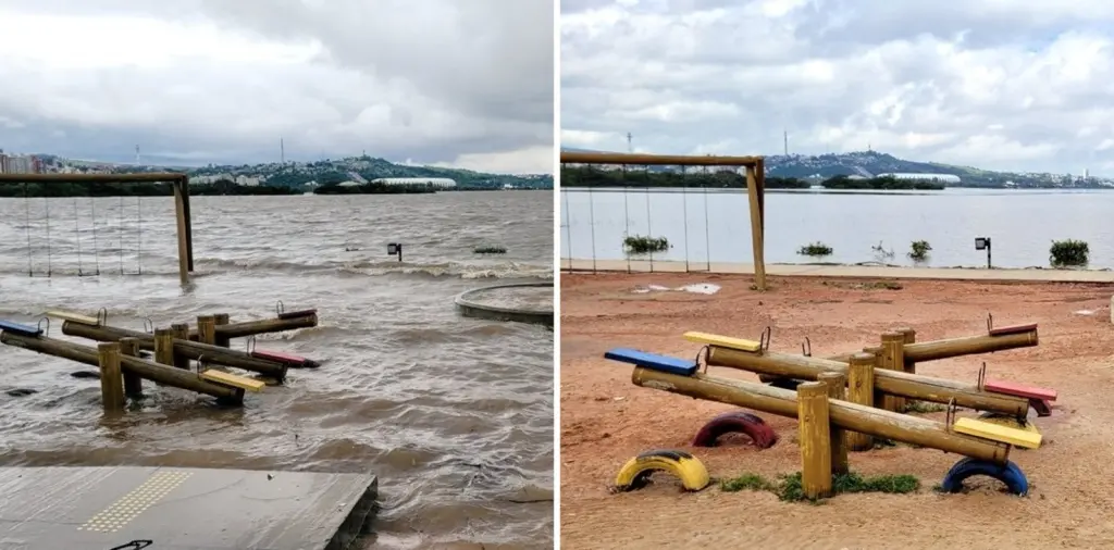 Antes e depois: veja fotos da nova orla no pico da enchente e hoje