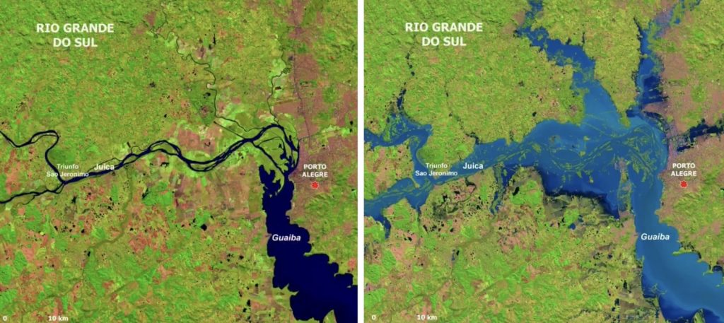 Imagens de satélite mostram enchente arrasadora na Grande Porto Alegre