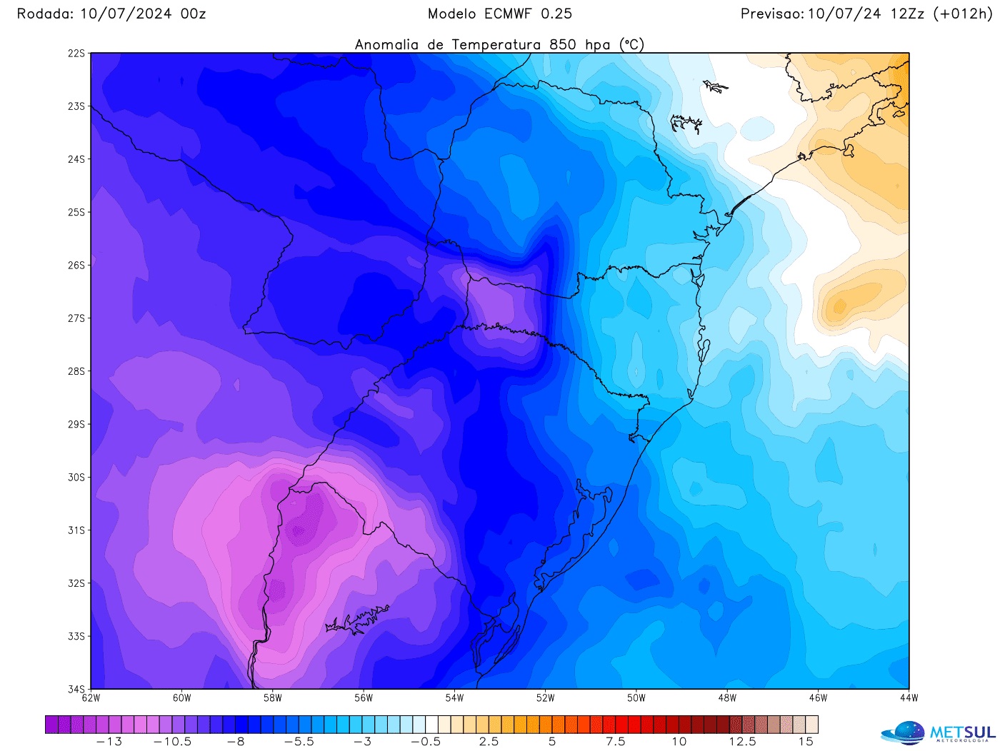 Mapa do modelo europeu de temperatura na onda de frio