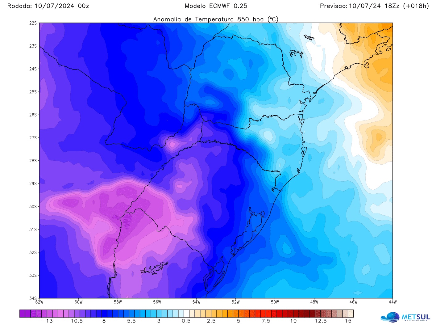 Mapa do modelo europeu de temperatura na onda de frio