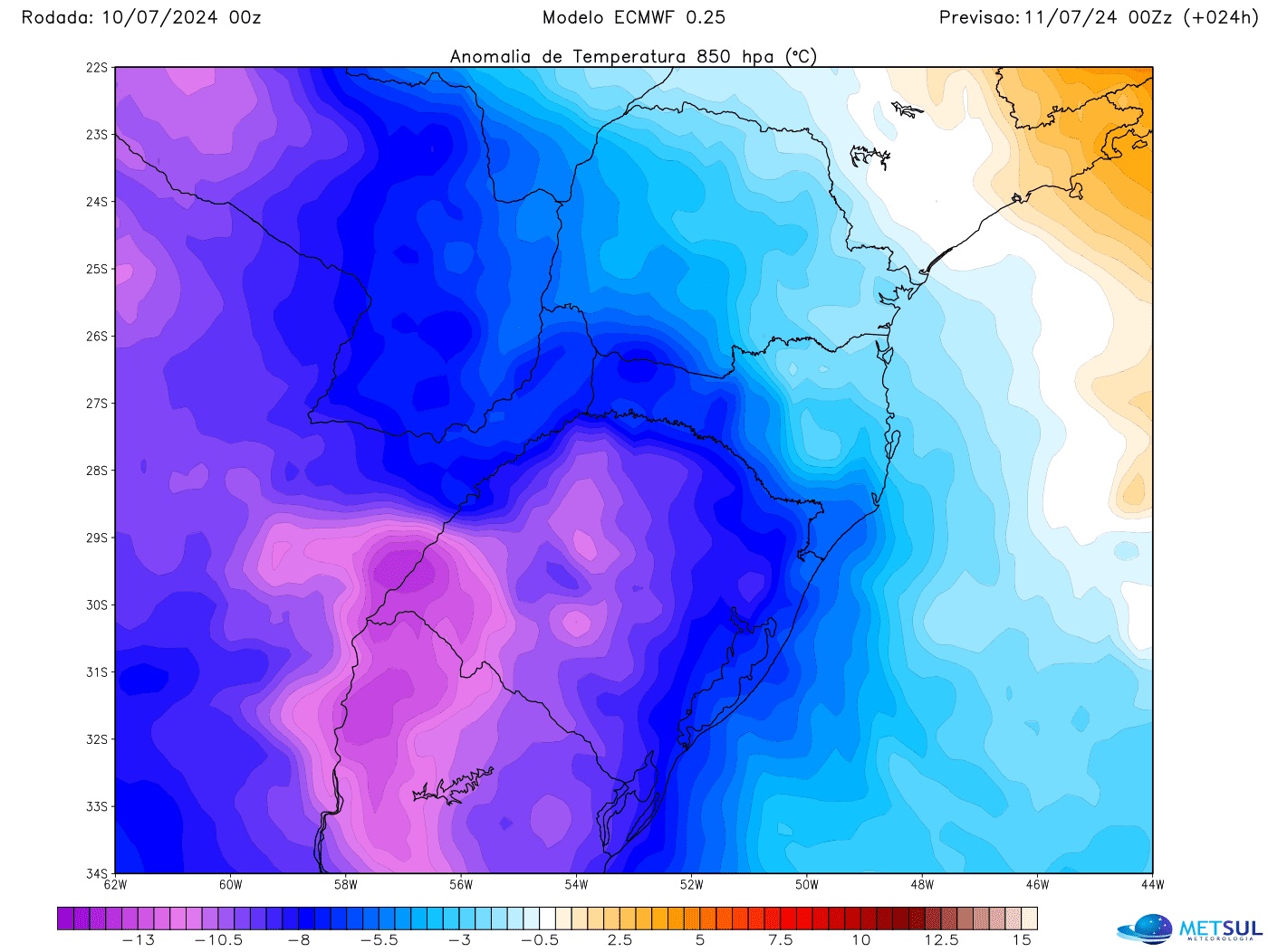 Mapa do modelo europeu de temperatura na onda de frio