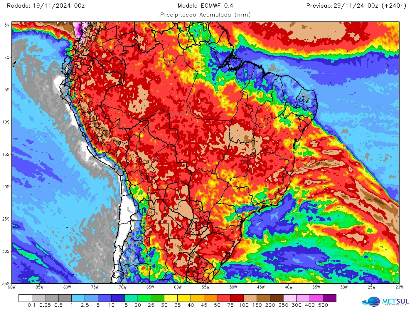 Mapa mostra previsão de chuva no Brasil