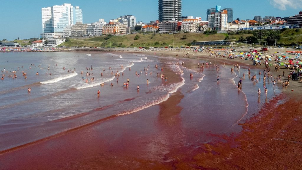 Mar com cor de sangue surpreende em praias da Argentina