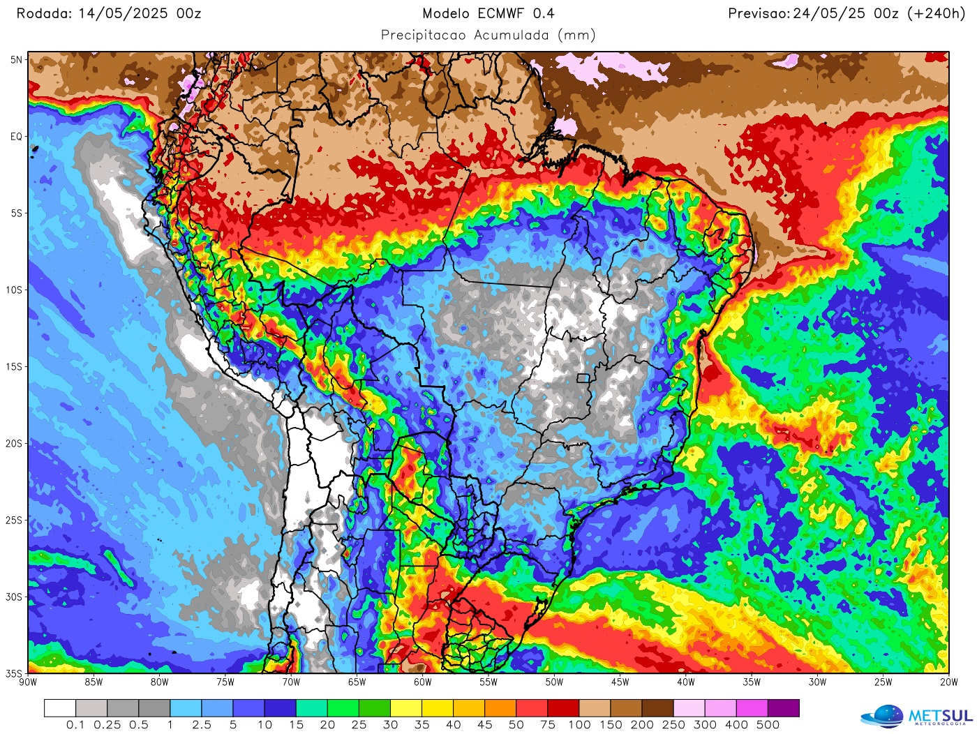 Mapa de chuva no Brasil do modelo ECMWF