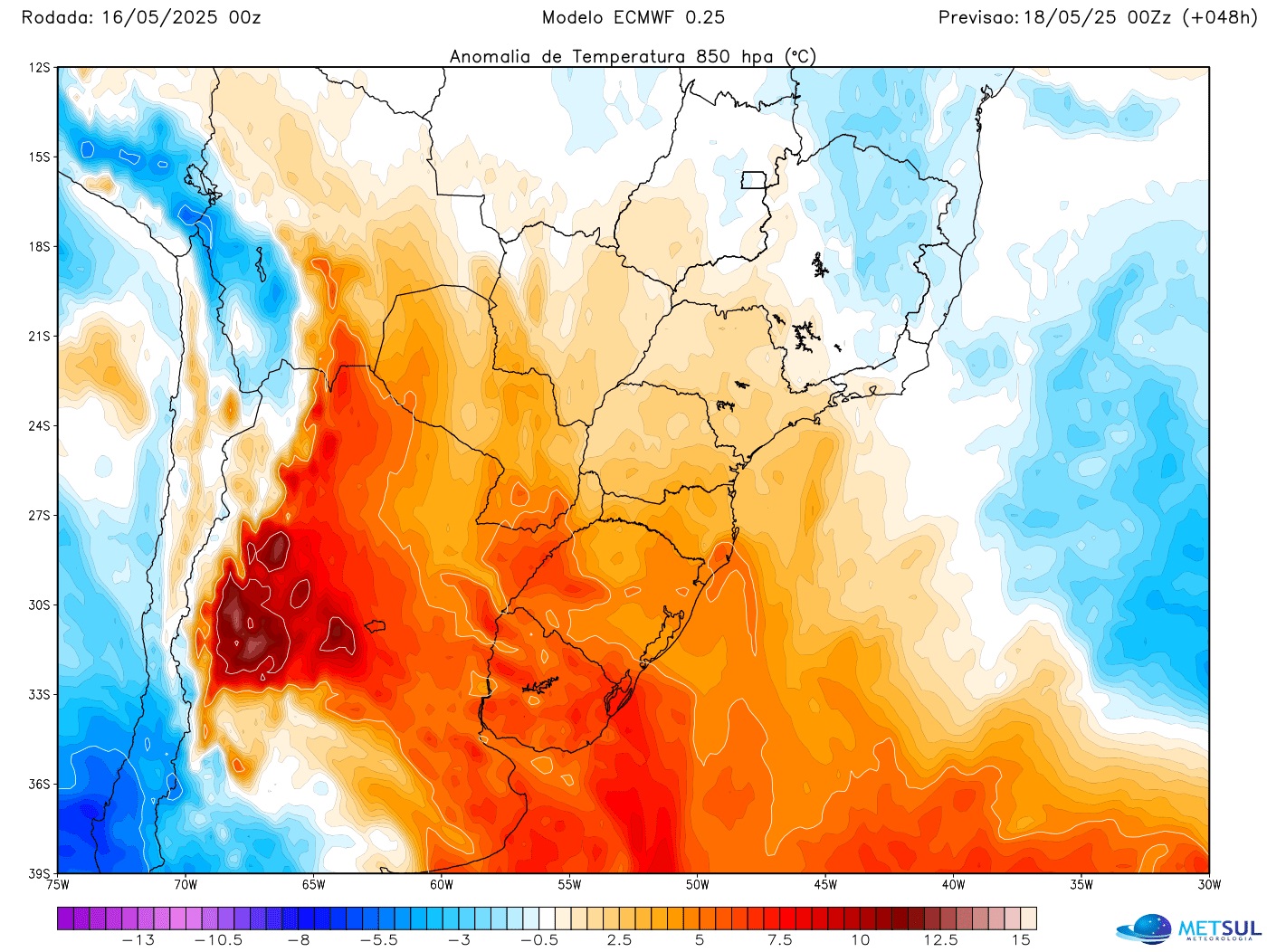 Mapa de temperatura do modelo ECMWF mostra massa de ar quente que traz o calor fora de época