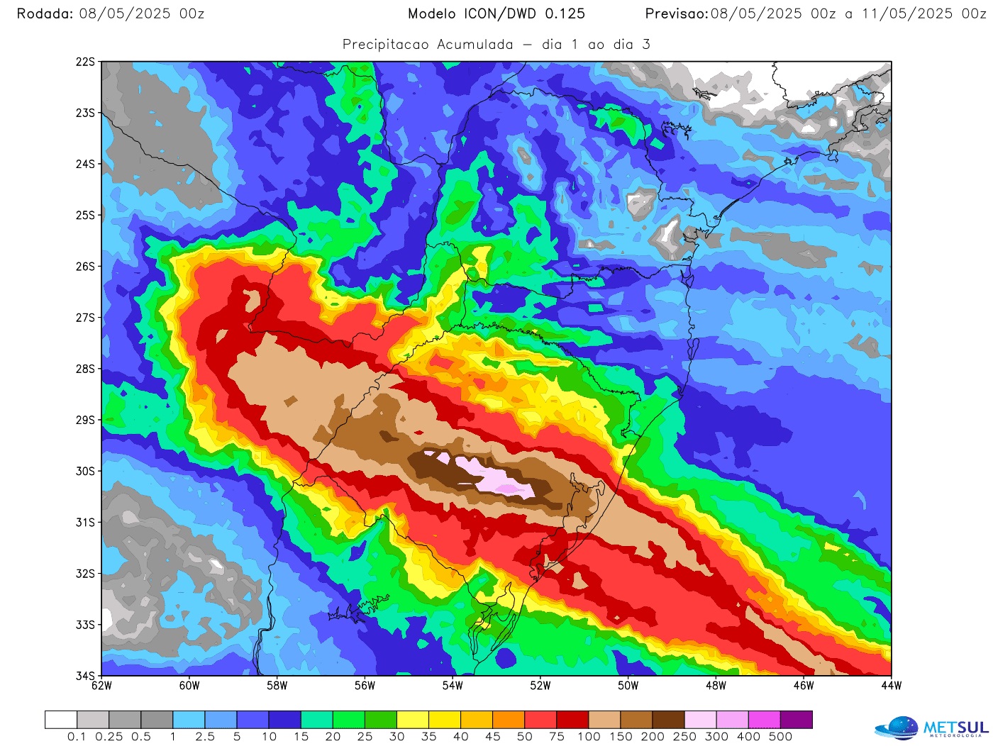 Mapa de chuva do modelo Icon mostra chuva excessiva