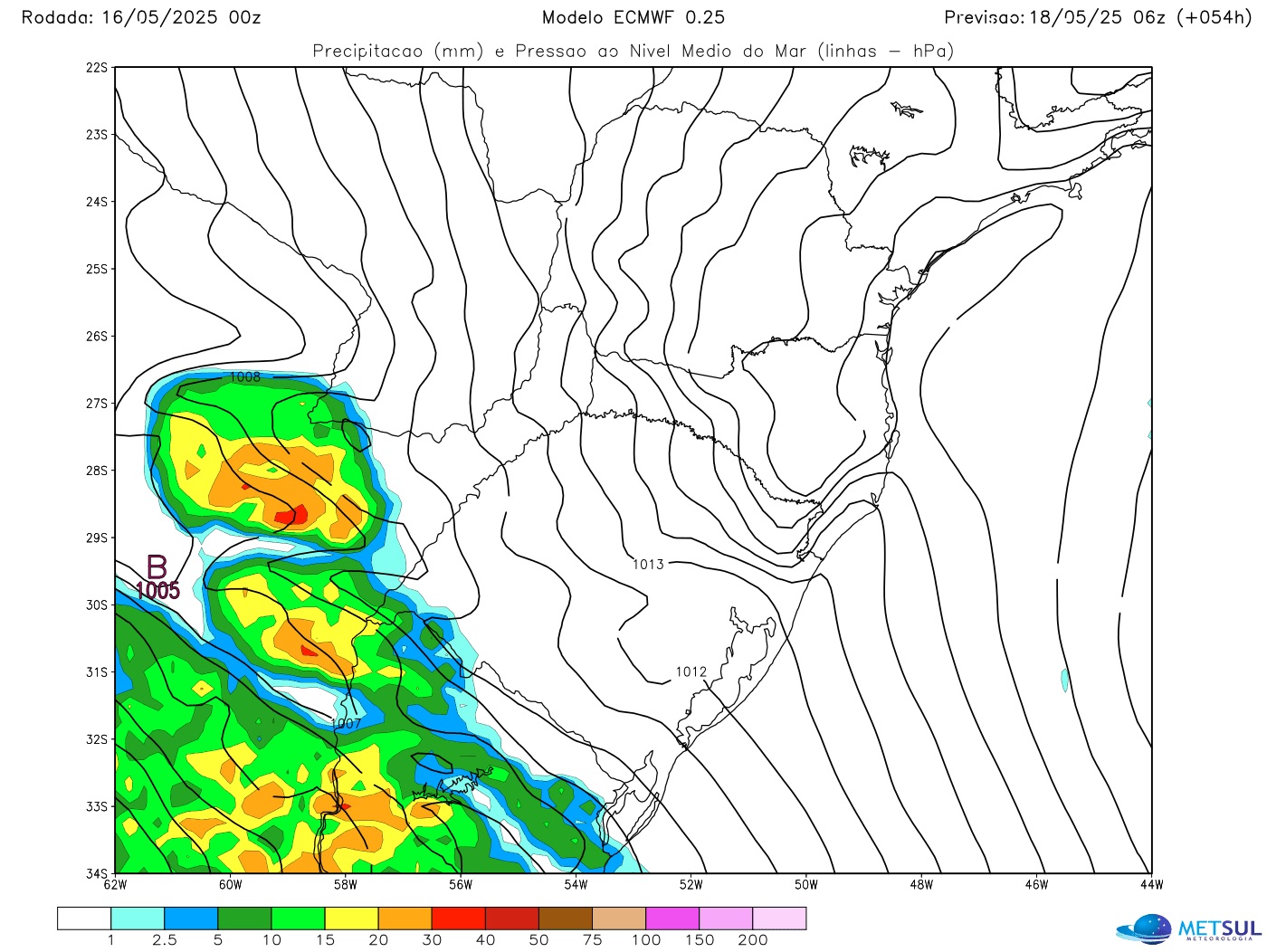Mapa de chuva do modelo ECMWF mostra avanço da frente fria