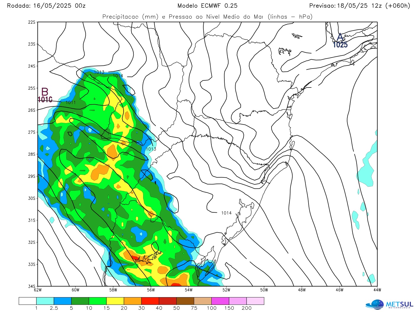 Mapa de chuva do modelo ECMWF mostra avanço da frente fria