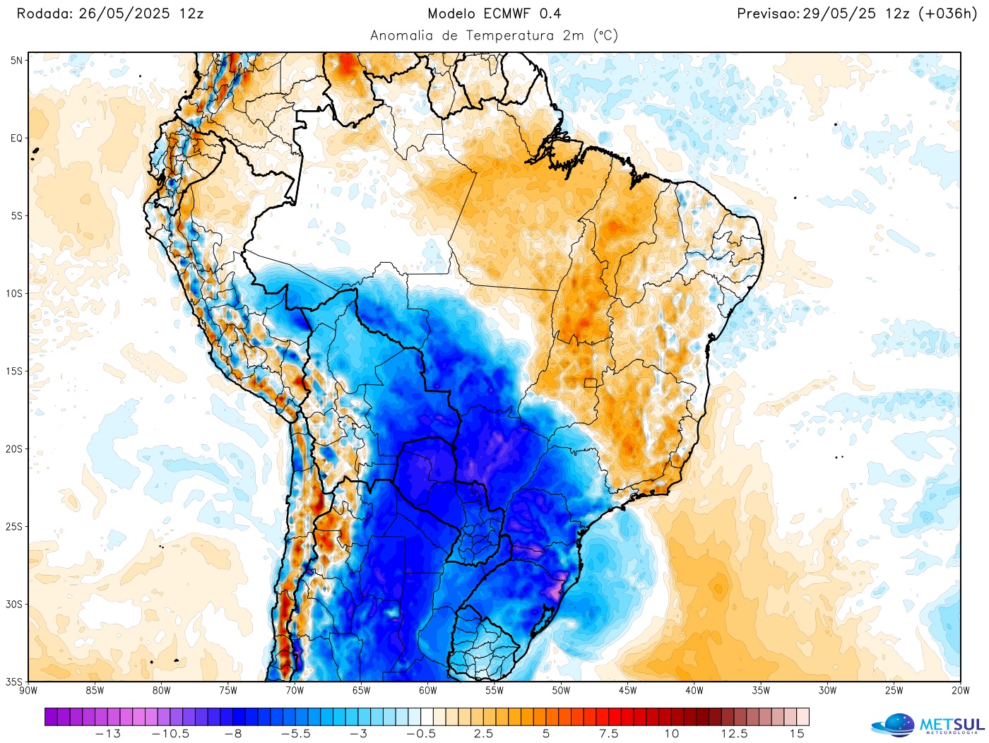 Mapa mostra avanço do ar frio que trará geada e neve