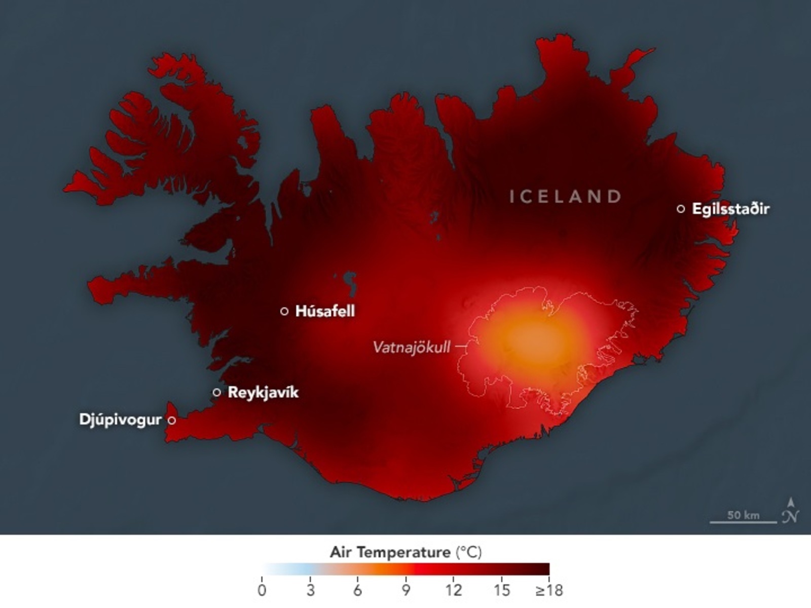 Mapa mostra onda de calor na Islândia 