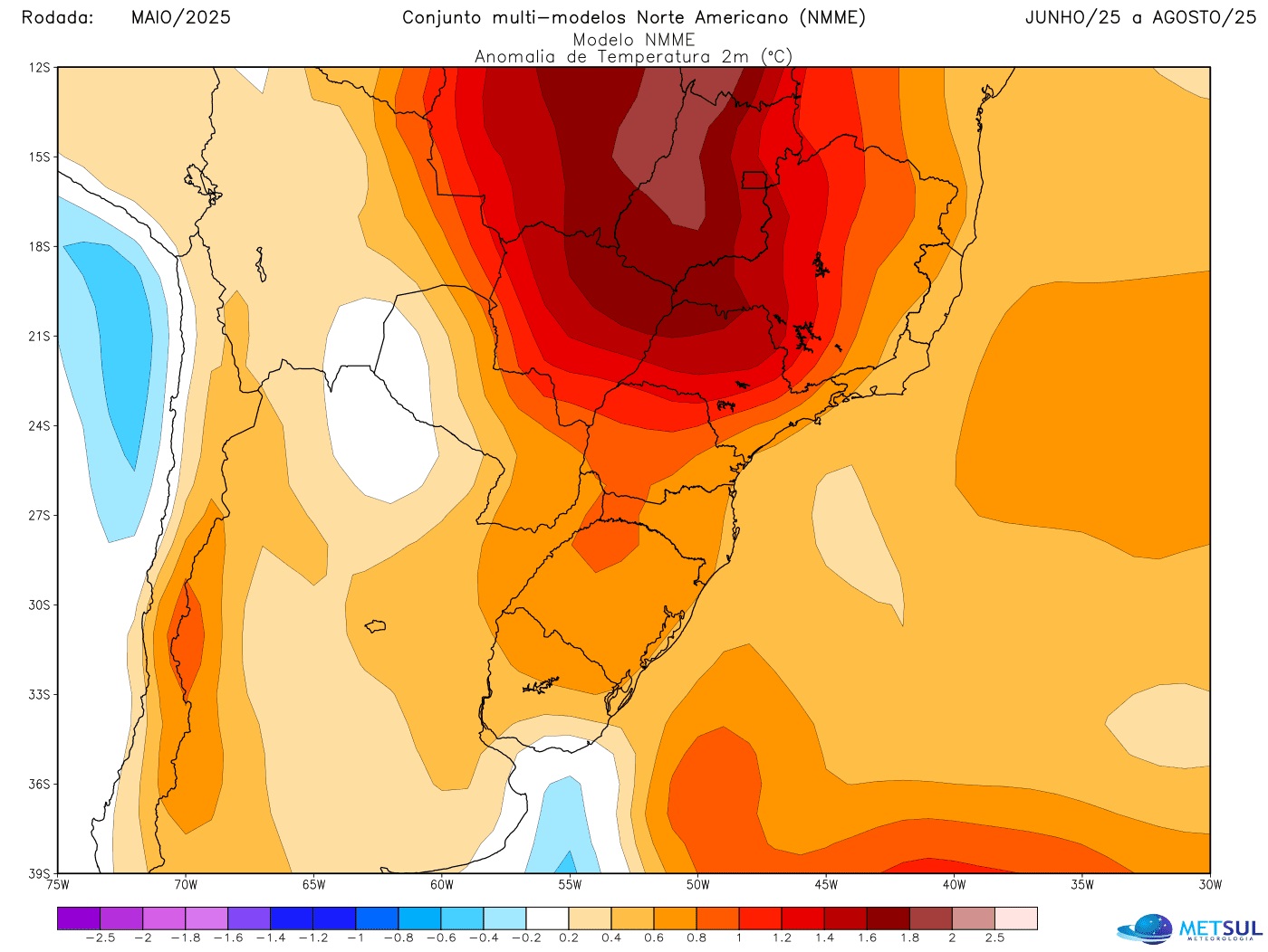 Projeção de temperatura do modelo NMME para o inverno Projeção de temperatura do modelo NMME para o inverno