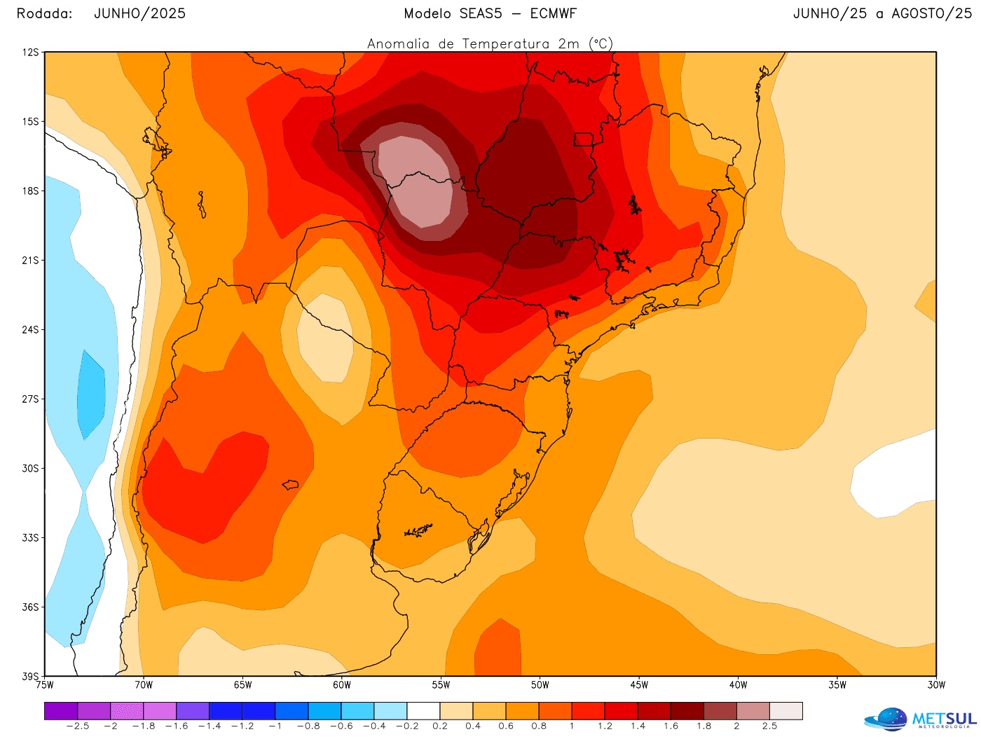 Projeção de temperatura do modelo SEAS-5 para o inverno Projeção de temperatura do modelo SEAS-5 para o inverno