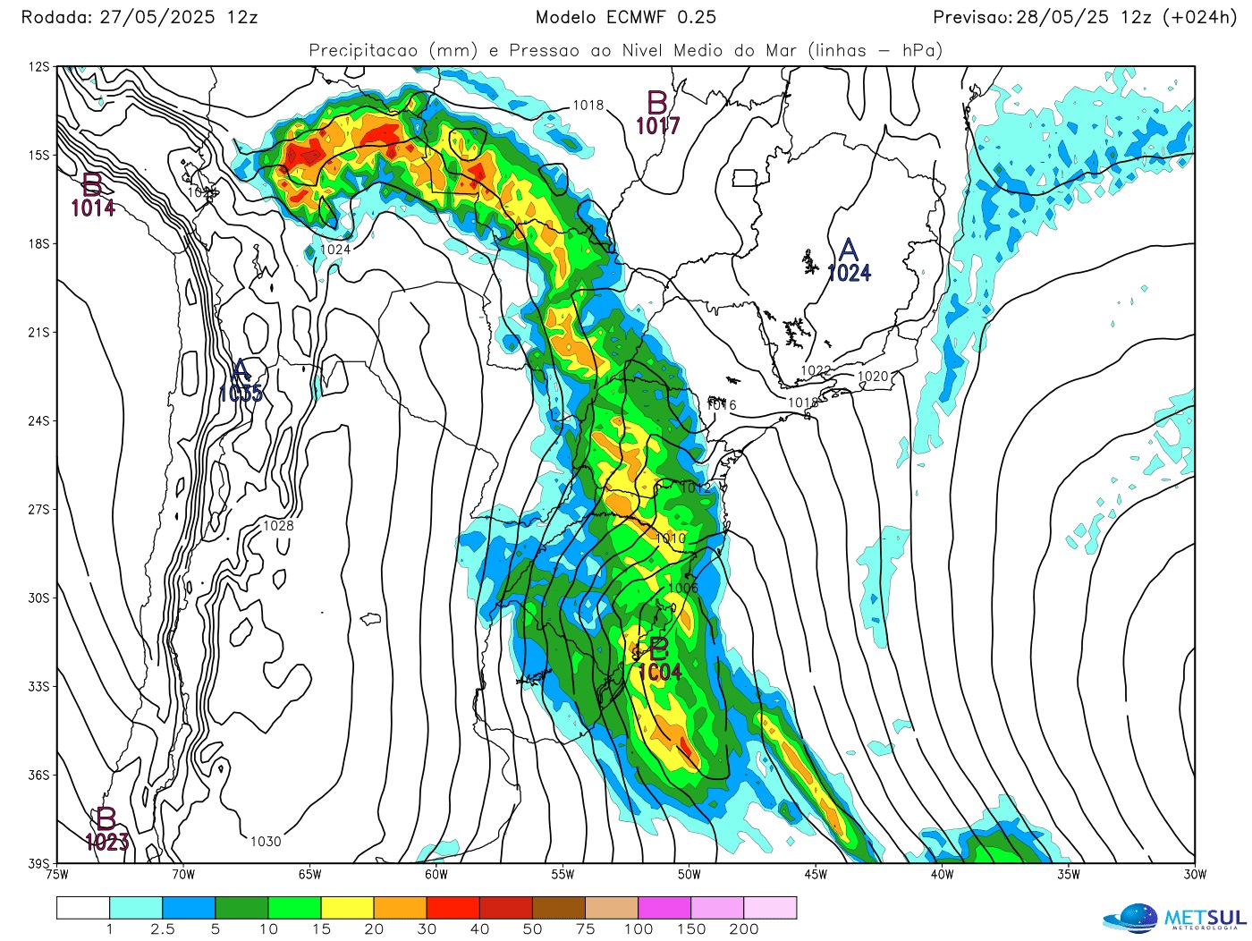 Mapa de chuva do modelo ECMWF com a frente fria Mapa de chuva do modelo ECMWF com a frente fria