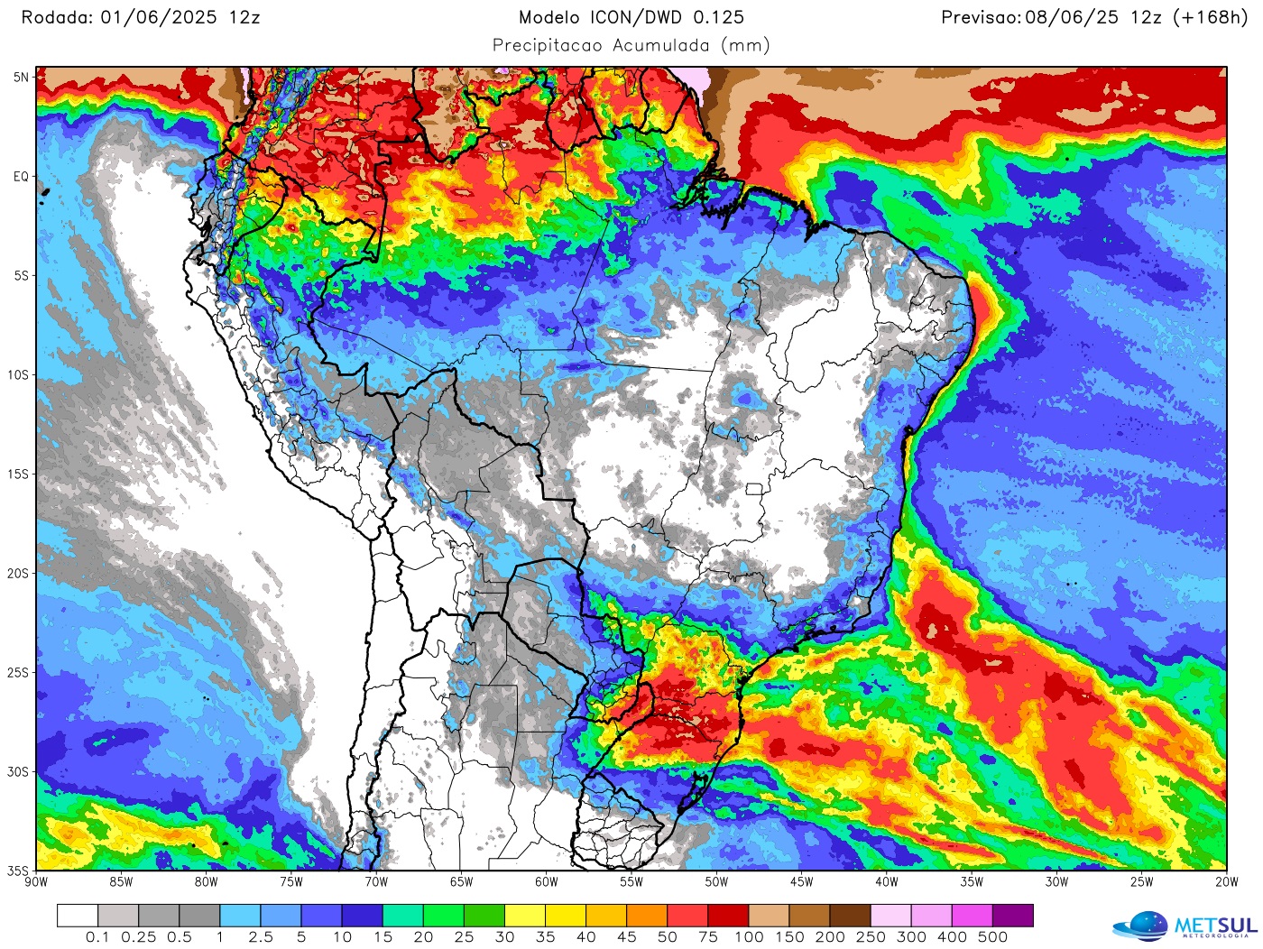 Mapa de previsão de chuva no Brasil na semana