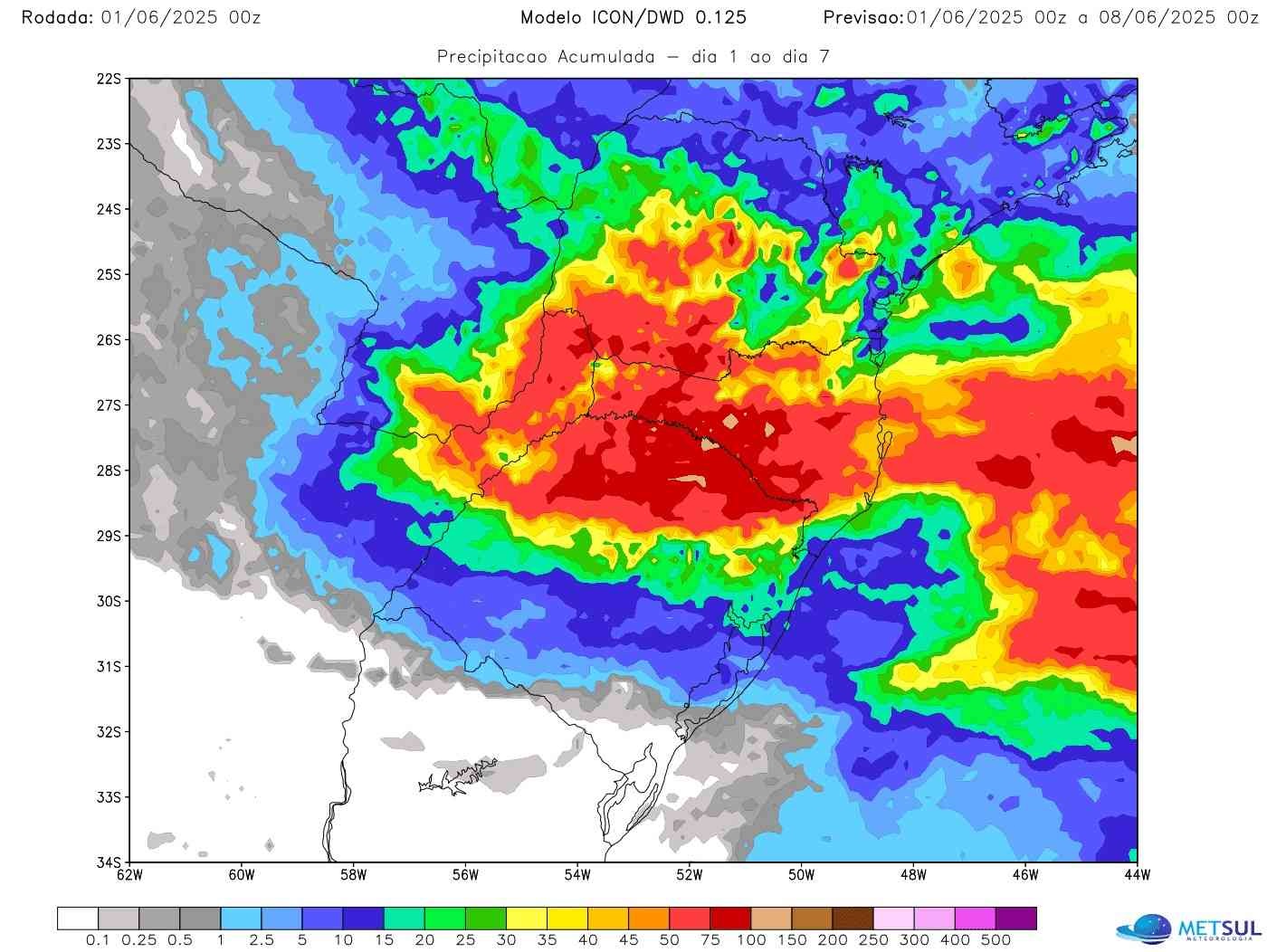 Mapa de chuva do modelo Icon mostra chuva excessiva