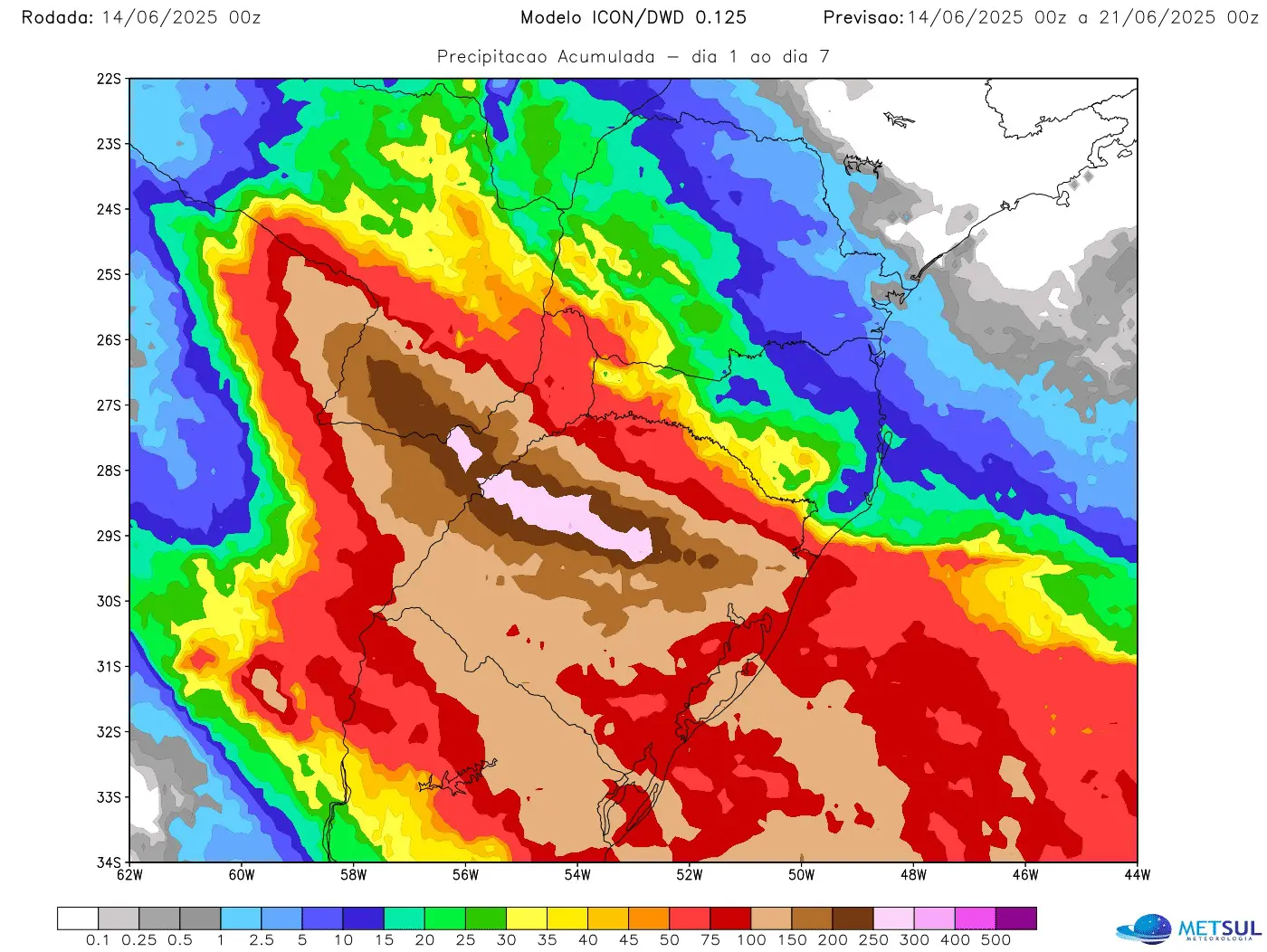 Mapa de chuva do modelo Icon mostra chuva excessiva