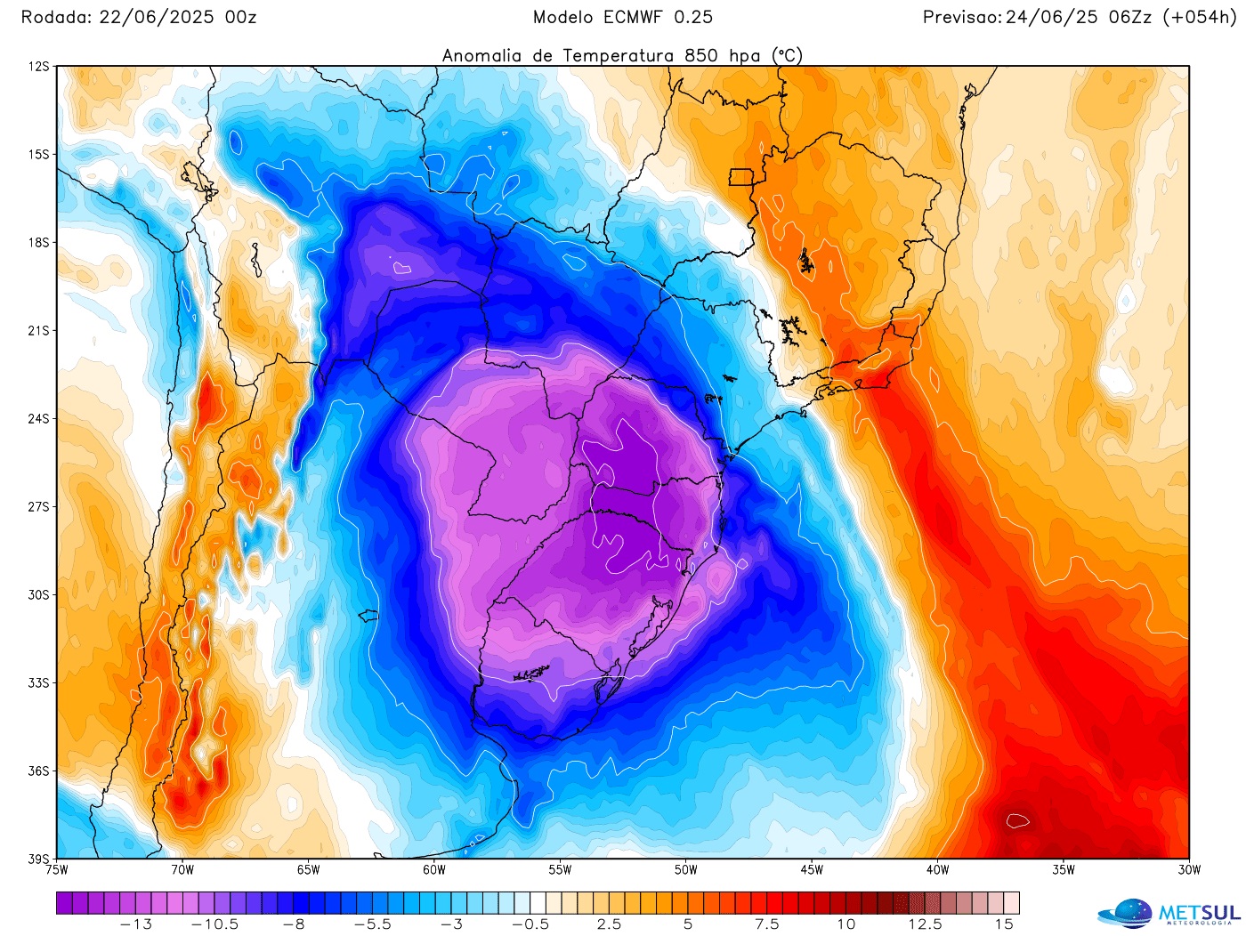 Mapa mostra massa de polar que trará primeira parte da onda de frio