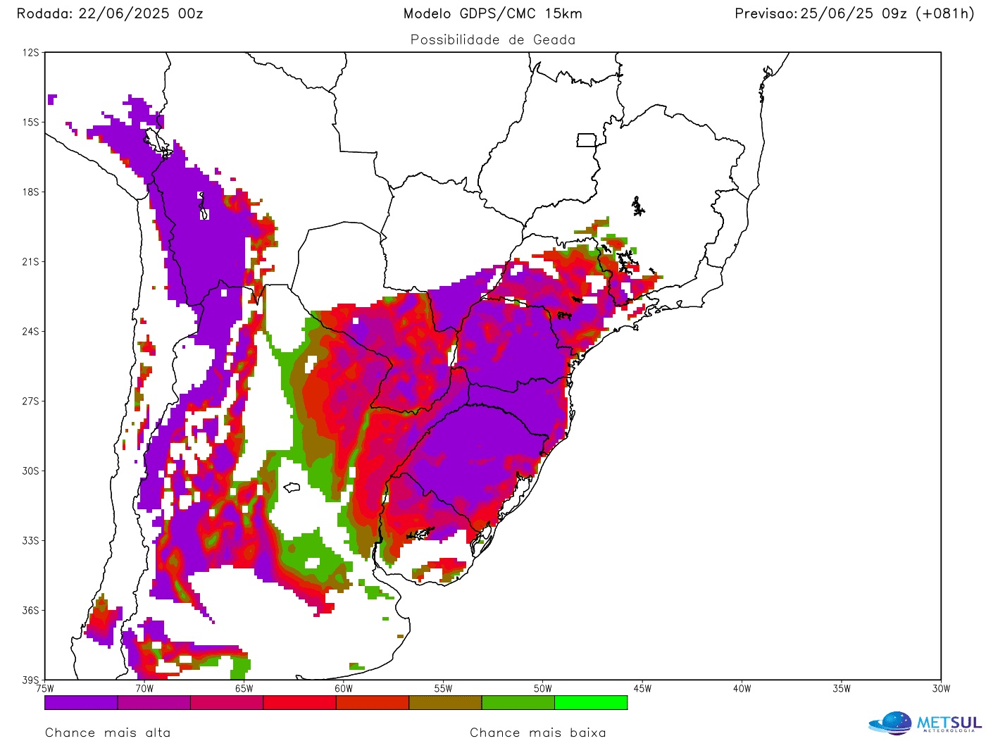 Mapa de previsão de geada pela onda de frio