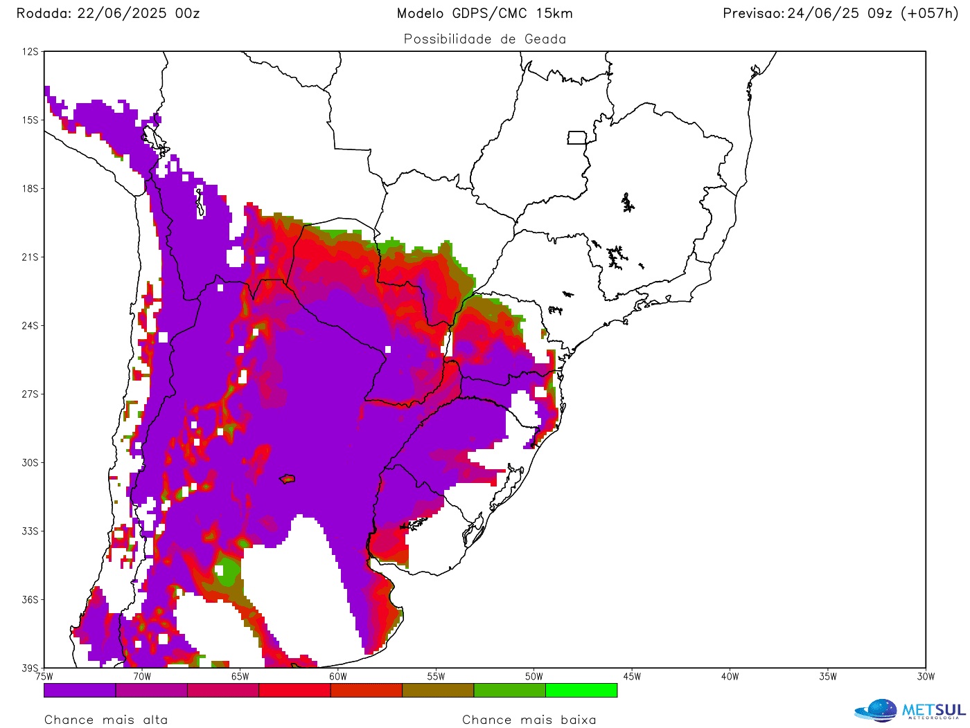 Mapa de previsão de geada pela onda de frio