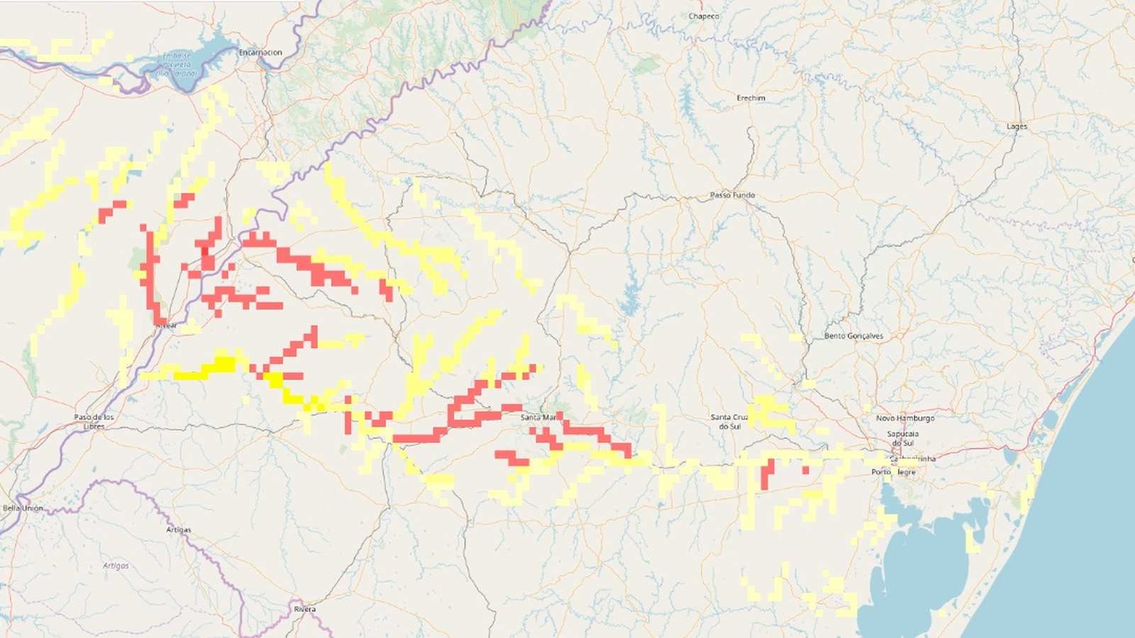 Mapa de modelo hidrológico por chuva excessiva