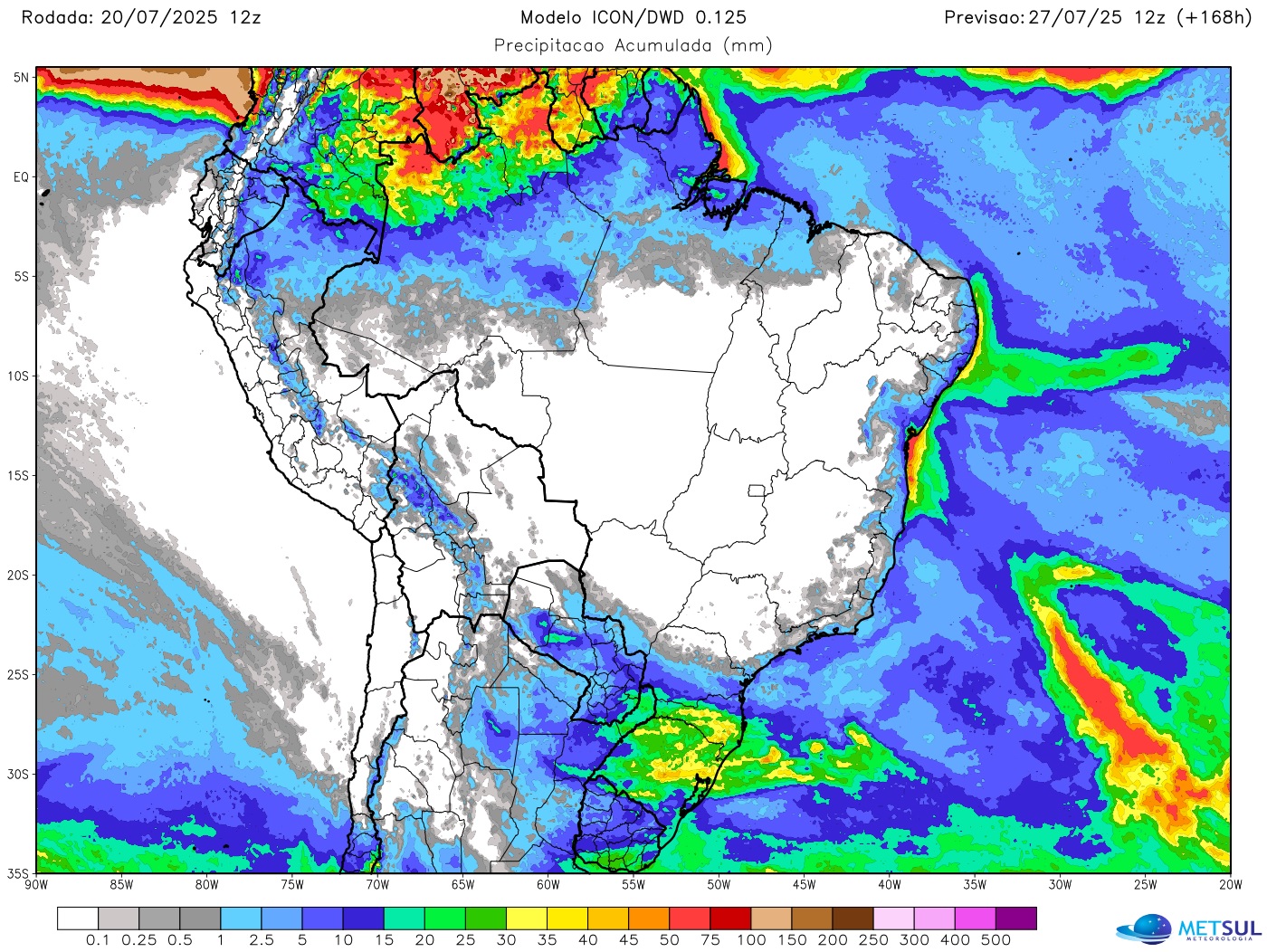 Mapa de chuva do modelo Icon no Brasil nesta semana 