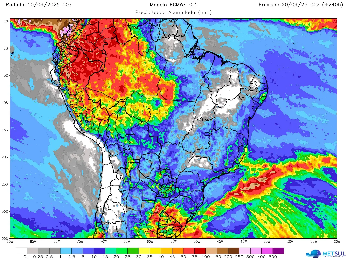 Mapa de chuva no Brasil em 10 dias 