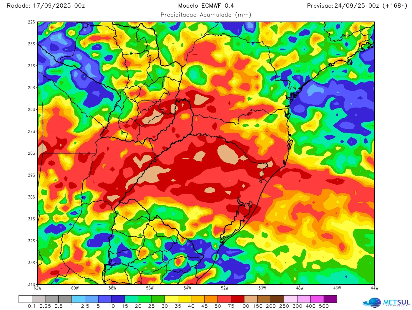 Mapa com a projeção de chuva para sete dias do modelo europeu para o Sul do Brasil 