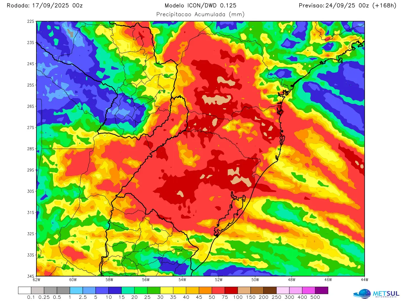 Mapa com a projeção de chuva para sete dias do modelo alemão para o Sul do Brasil 