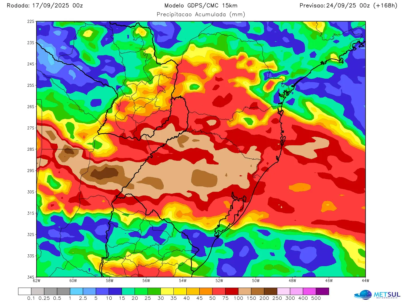 Mapa com a projeção de chuva para sete dias do modelo canadense para o Sul do Brasil 