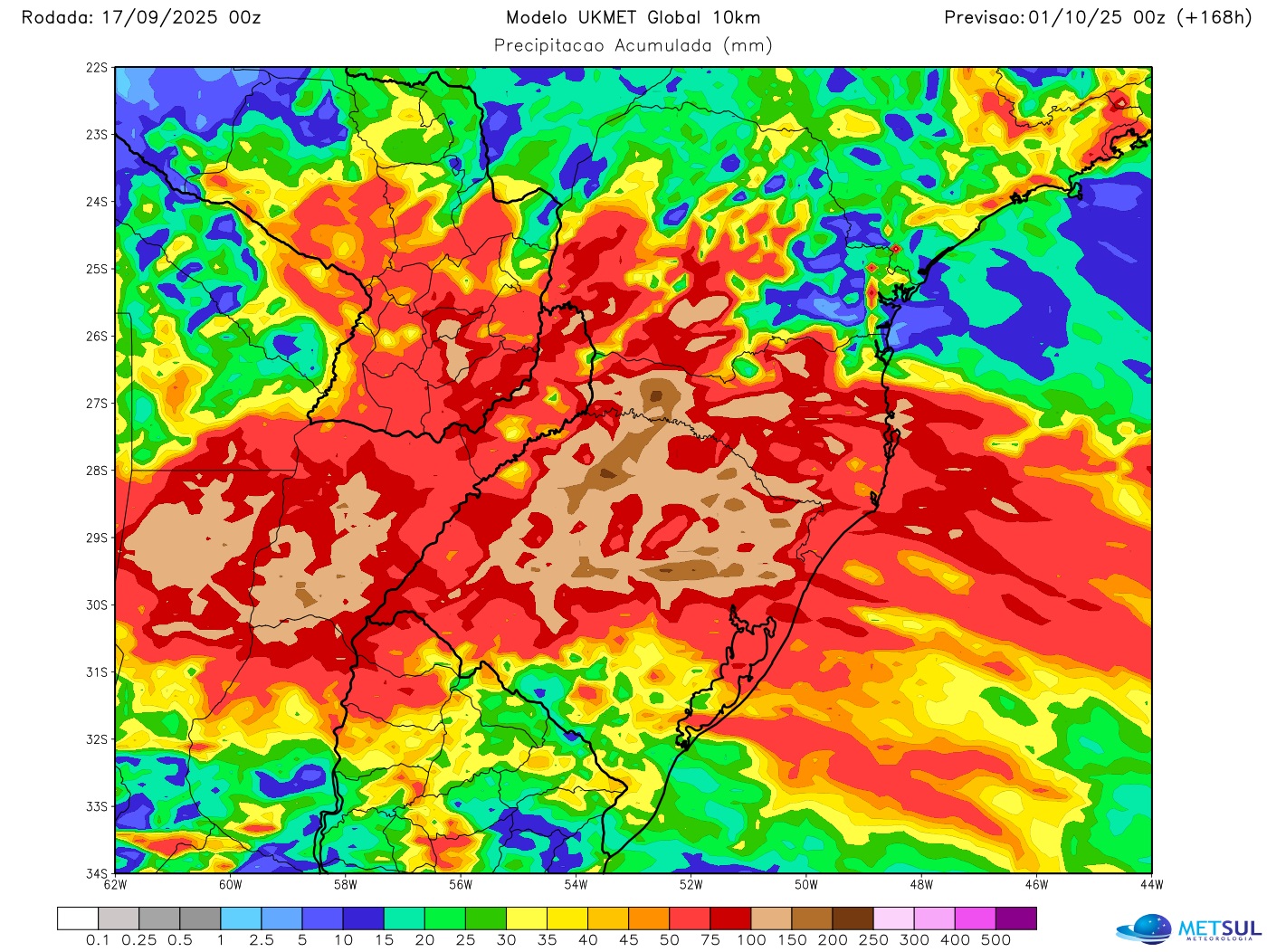 Mapa com a projeção de chuva para sete dias do modelo britânico para o Sul do Brasil