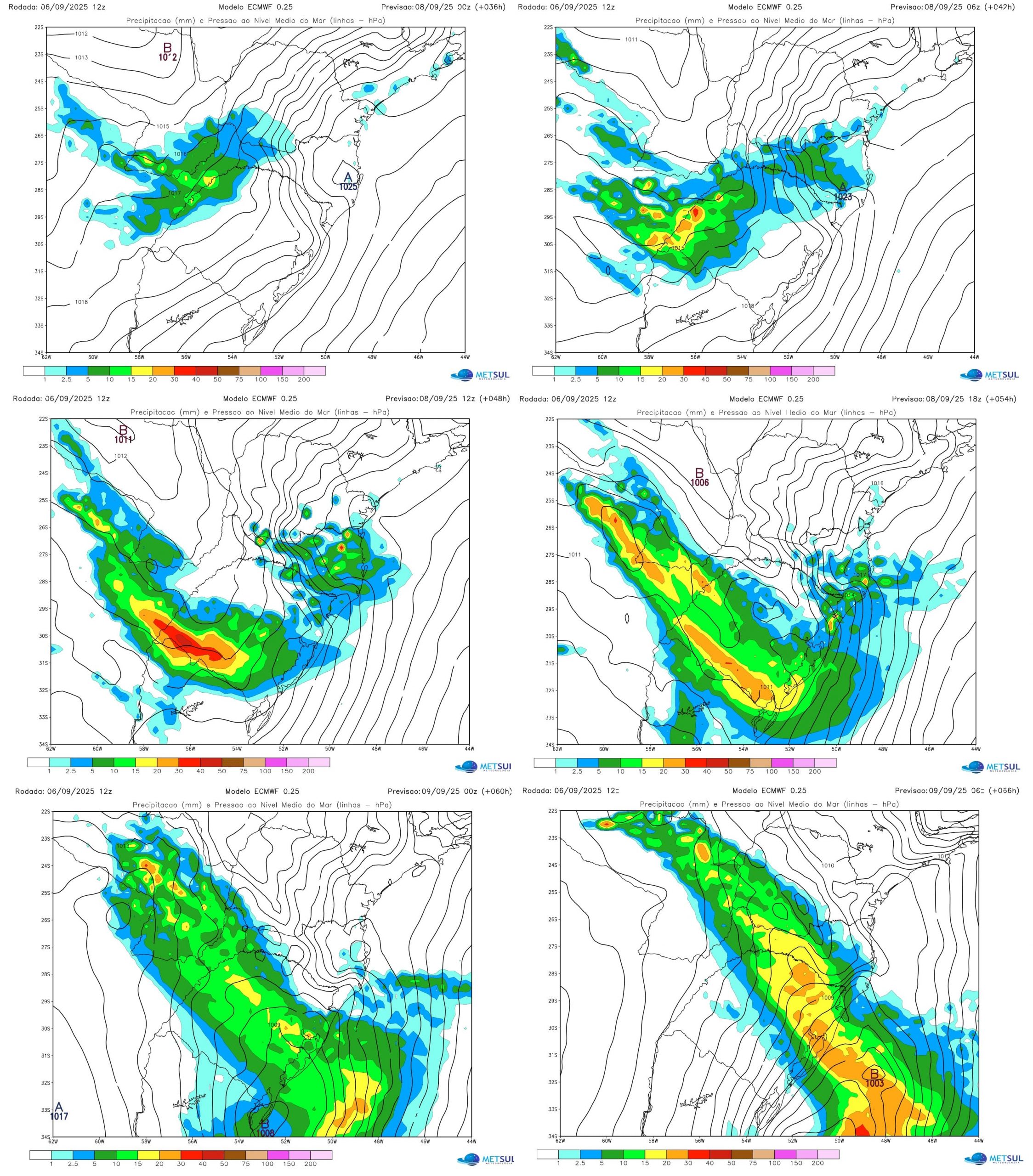 Mapas de evolução da chuva no Sul do Brasil do modelo europeu 