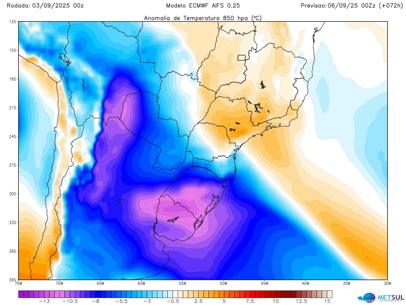 Mapa do modelo europeu mostra avanço da massa de ar frio 